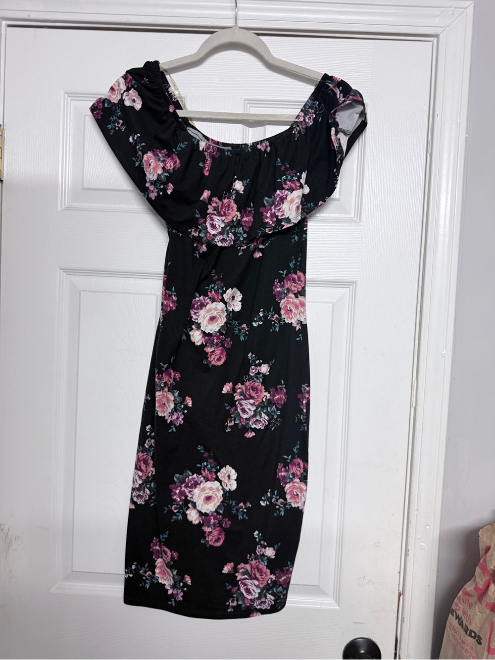 iris Black Off-Shoulder Dress with Pink Floral Print